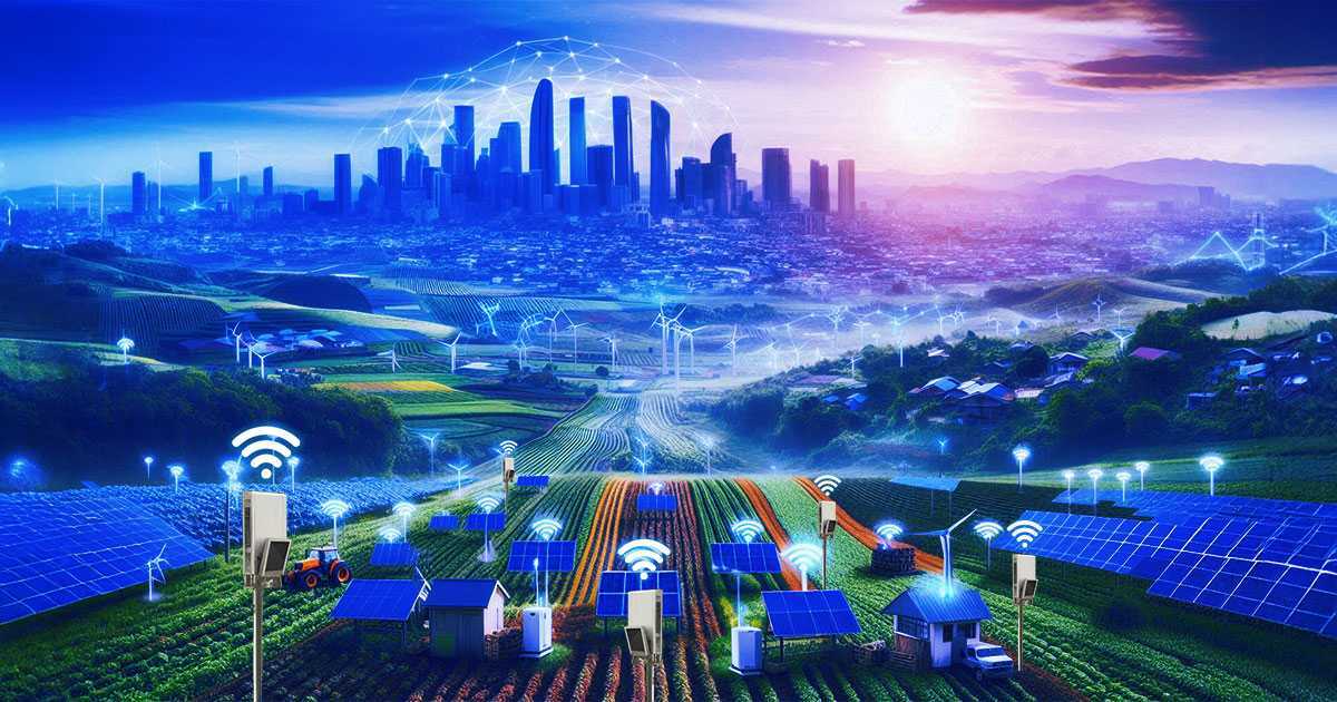 A farm connected to neighborhoods and overseeing a large city are all connected by broadband.